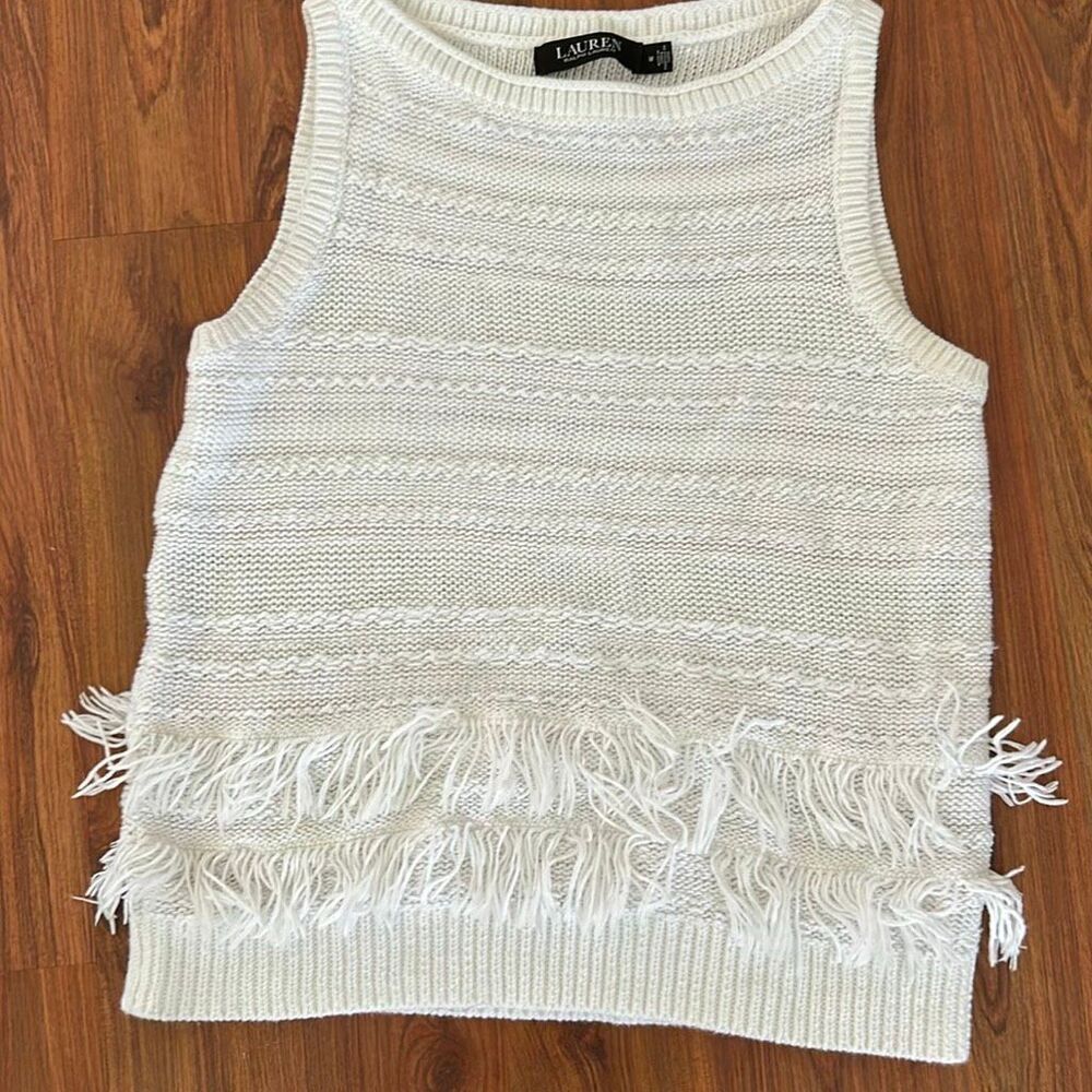 Lauren Ralph Lauren White sleeveless cable knit sweater with fringe linen blend